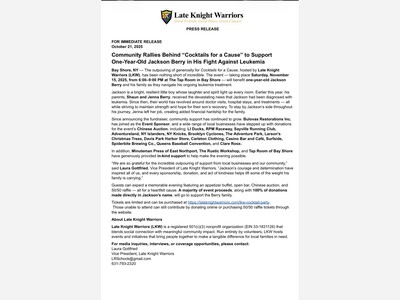 Community Unites for “Cocktails for a Cause” to Support One-Year-Old Jackson Berry’s Fight Against Leukemia